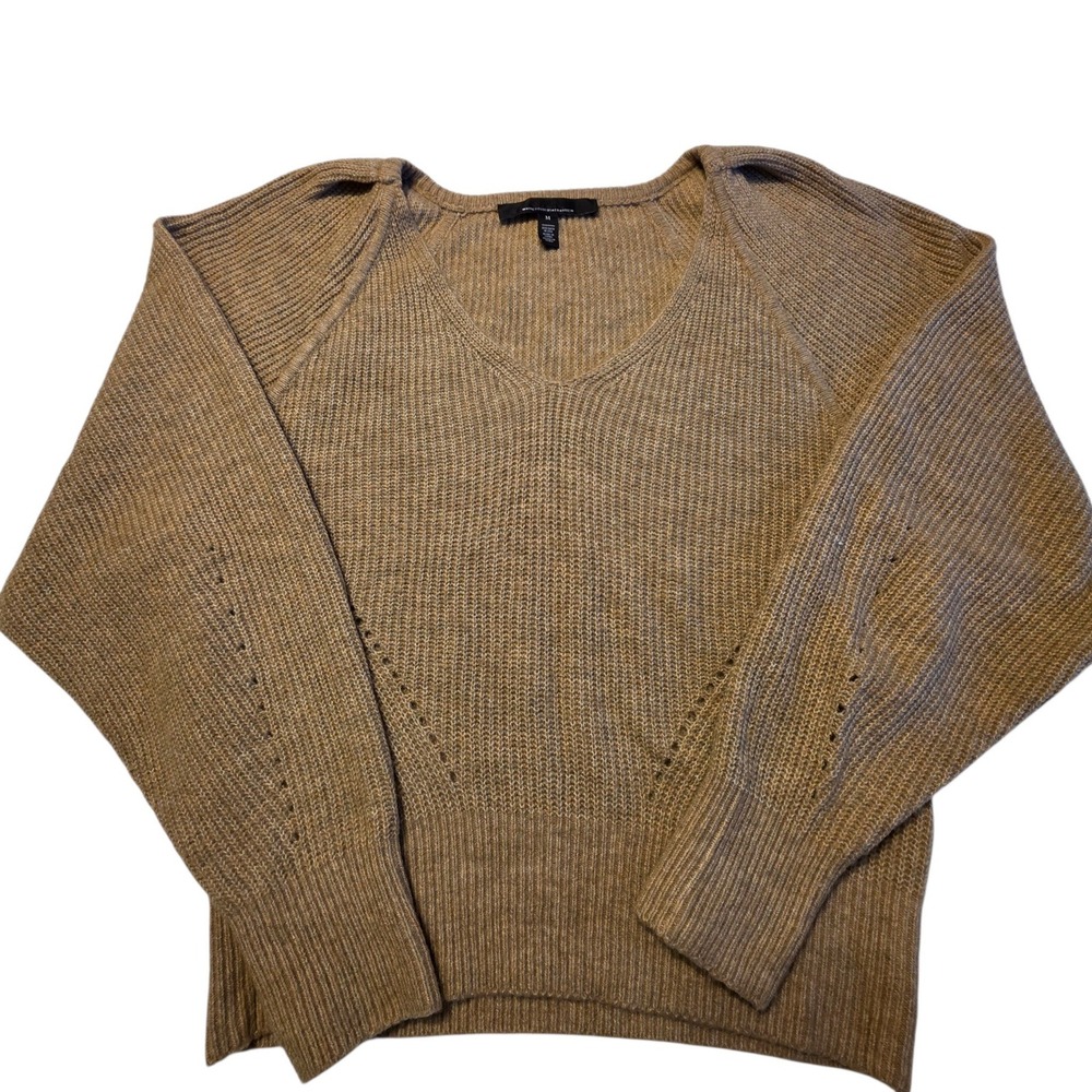 White House Black Market V-Neck Sweater Womens M Tan Puff Shoulder Pointelle